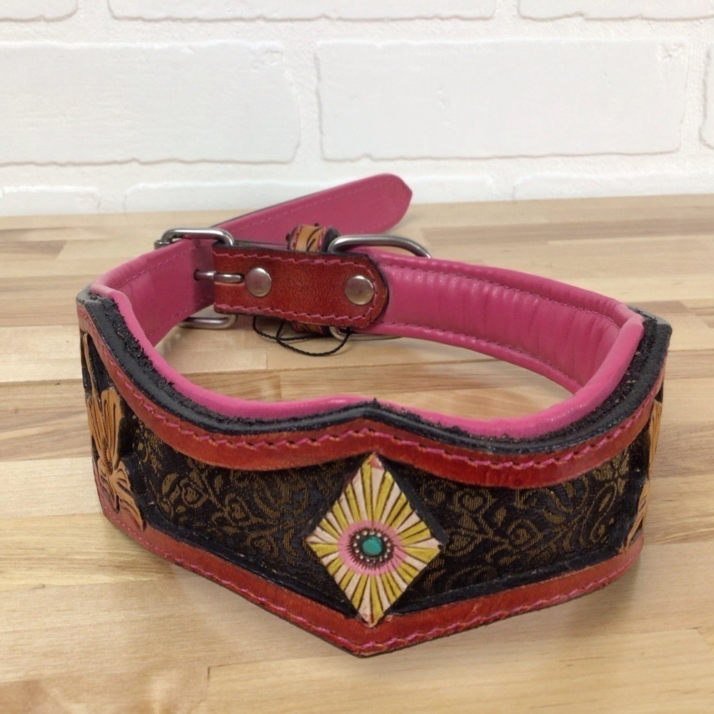 Mad Cow genuine leather contemporary western dog collar handmade brown pink gold